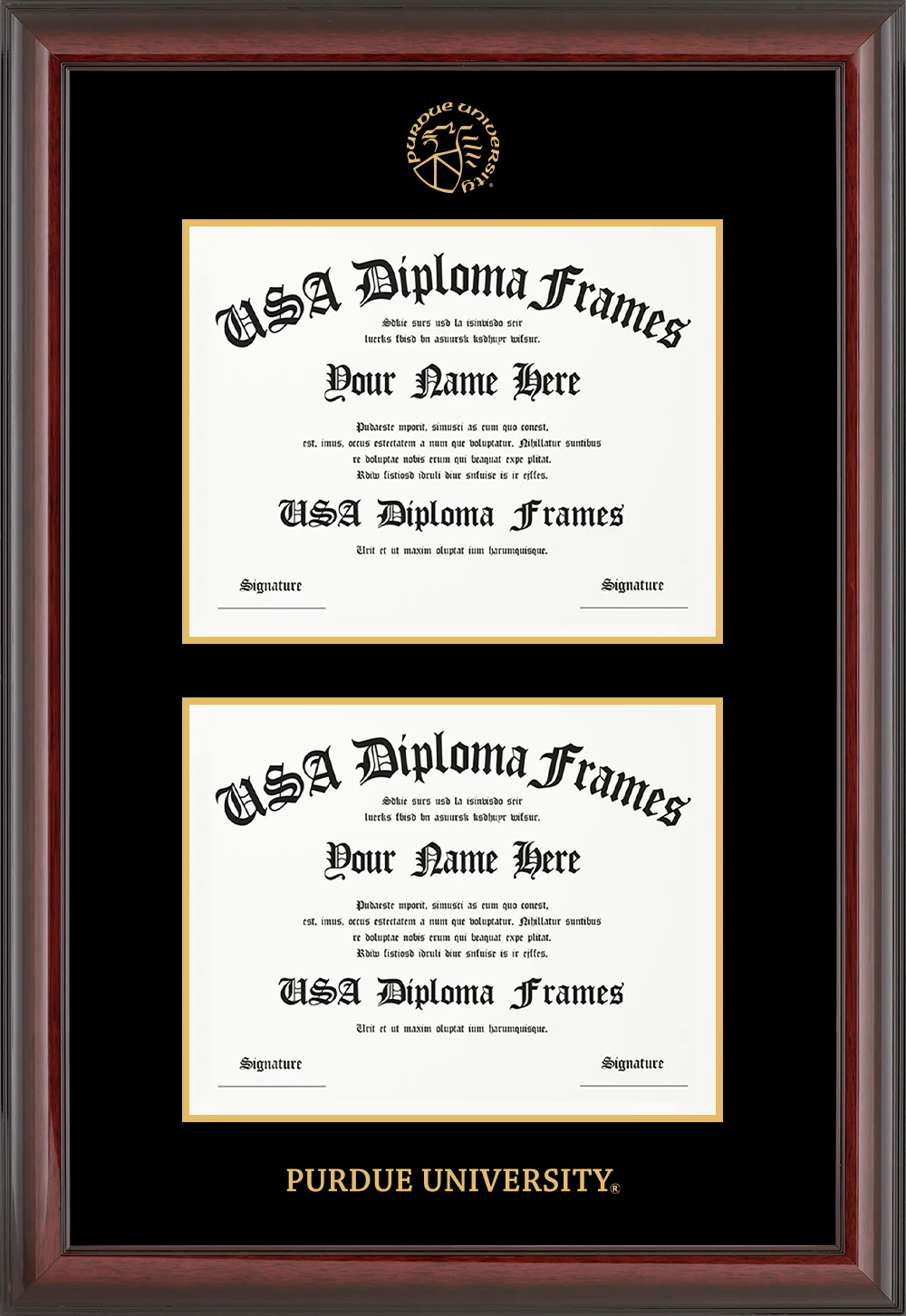 Double Document - Cherry Mahogany Glossy Moulding - Black Mat - Gold Accent Mat - Purdue University Embossing Diploma Frame