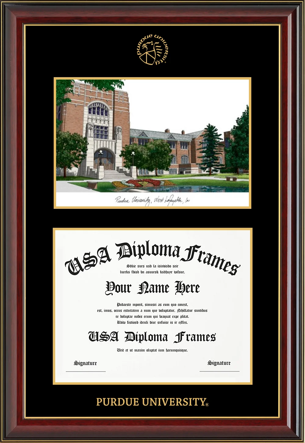 Lithograph - Cherry Mahogany Gold Trim Glossy Moulding - Black Mat - Gold Accent Mat - Purdue University Embossing Diploma Frame