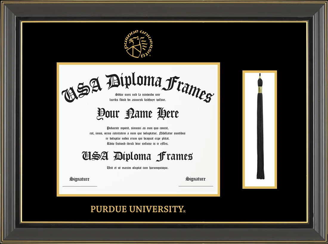 Single Tassel - Black Gold Trim Glossy Moulding - Black Mat - Gold Accent Mat - Purdue University Embossing Diploma Frame