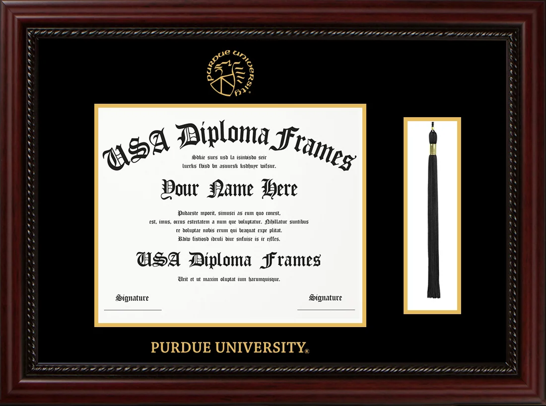 Single Tassel - Executive Cherry Rope Moulding - Black Mat - Gold Accent Mat - Purdue University Embossing Diploma Frame