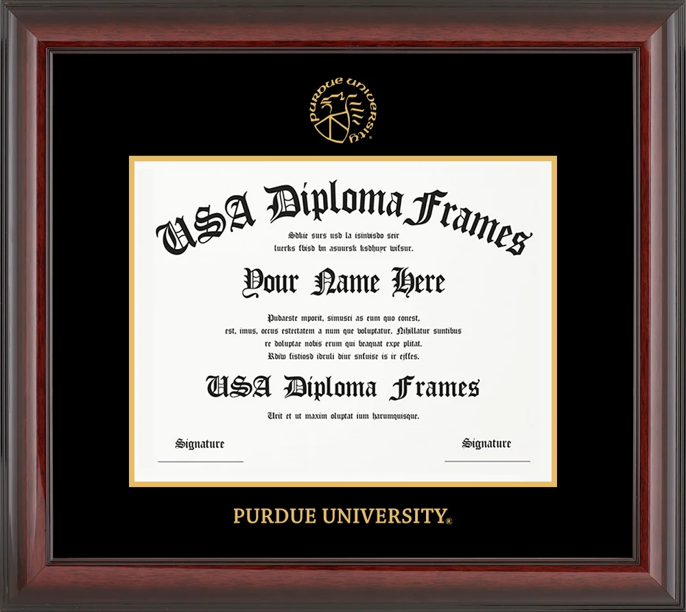 Single Horizontal - Cherry Mahogany Glossy Moulding - Black Mat - Gold Accent Mat - Purdue University Embossing Diploma Frame