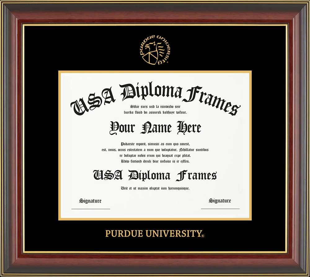 Single Horizontal - Cherry Mahogany Gold Trim Glossy Moulding - Black Mat - Gold Accent Mat - Purdue University Embossing Diploma Frame