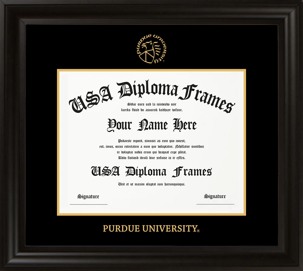 Single Horizontal - Executive Black Moulding - Black Mat - Gold Accent Mat - Purdue University Embossing Diploma Frame