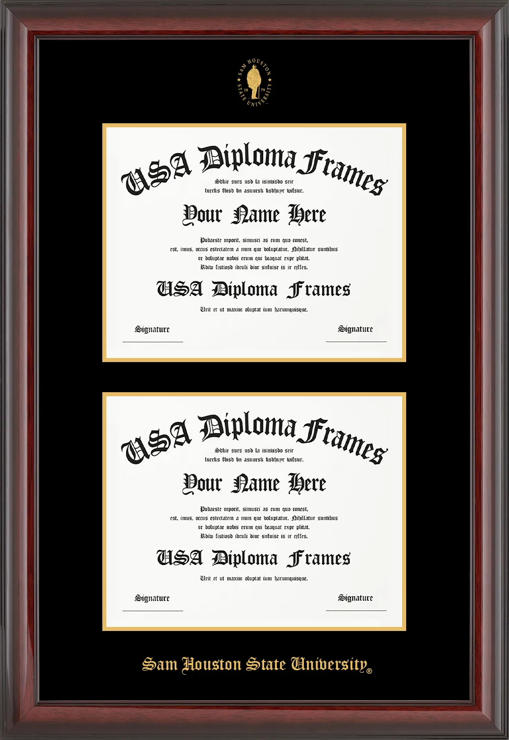 Double - Horizontal Documents row 3 spot 1 - Cherry Mahogany Glossy Moulding - Black Mat - Gold Accent Mat Diploma Frame