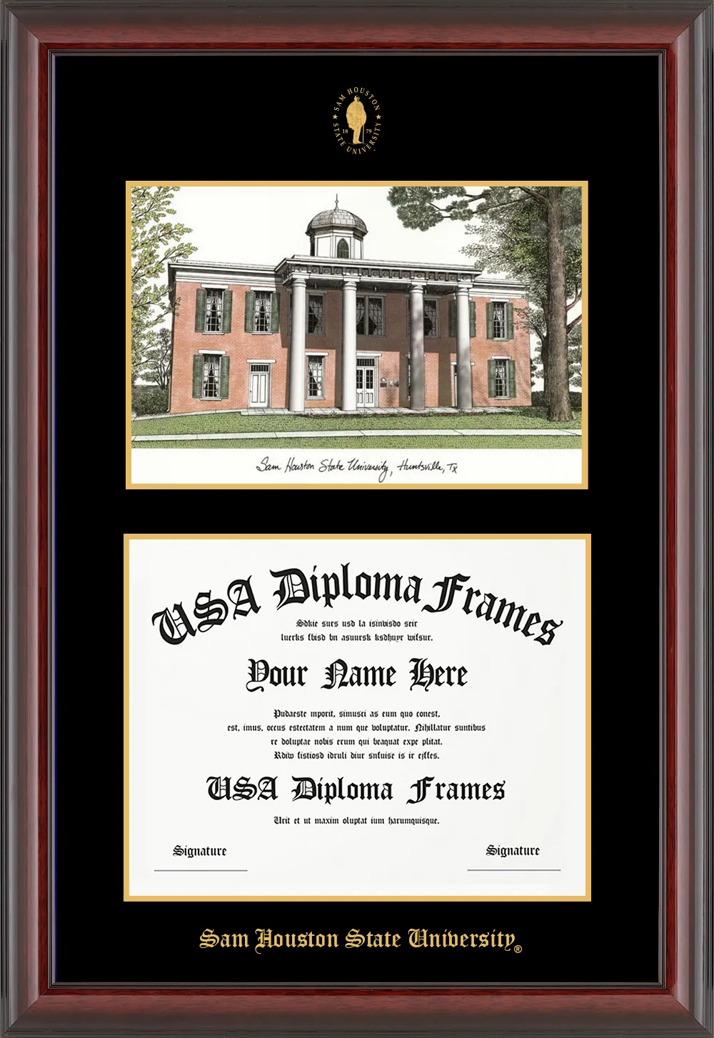 Single - Horizontal Document with Lithograph - Vertically row 3 spot 2 - Cherry Mahogany Glossy Moulding - Black Mat - Gold Accent Mat Diploma Frame