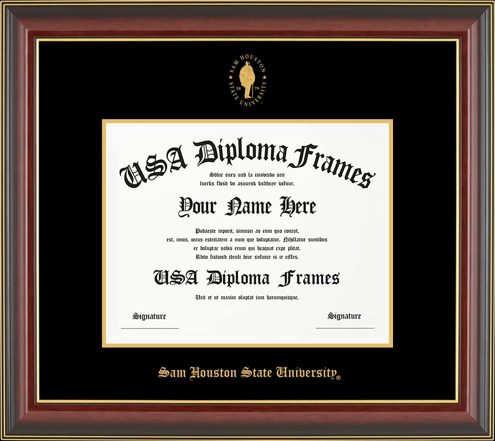Single - Horizontal Document row 1 spot 2 - Cherry Mahogany Gold Trim Glossy Moulding - Black Mat - Gold Accent Mat Diploma Frame