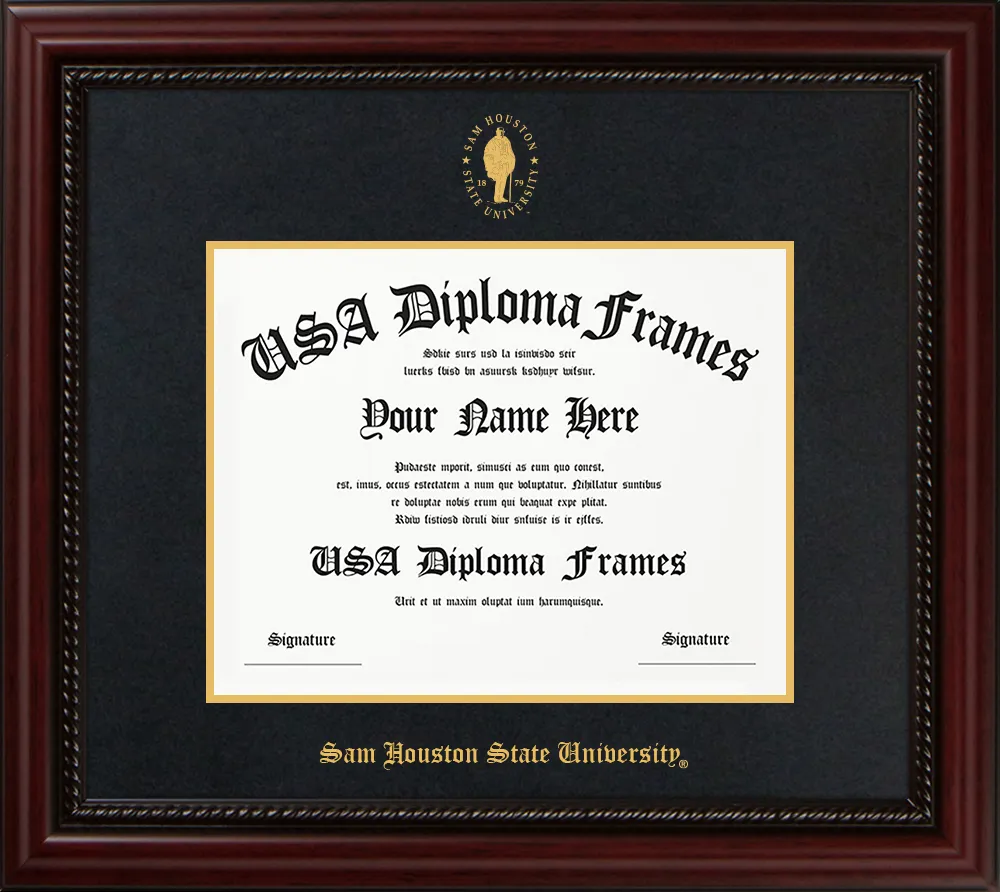 Single - Horizontal Document row 1 spot 3 - Executive Cherry Rope Moulding - Black Suede Mat - Gold Accent Mat Diploma Frame
