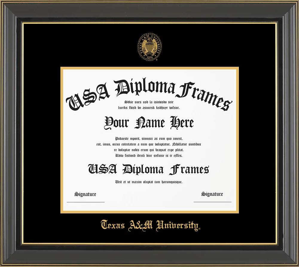 Single - Horizontal Document - Black Gold Trim Glossy Moulding - Black Mat - Metallic Gold Accent Mat - Gold Embossing Diploma Frame