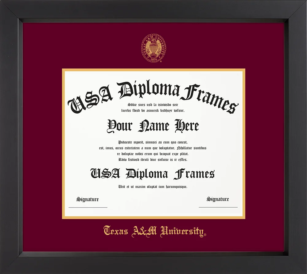 Single - Horizontal Document - Black Matte Moulding - Maroon Mat - Metallic Gold Accent Mat - Gold Embossing Diploma Frame