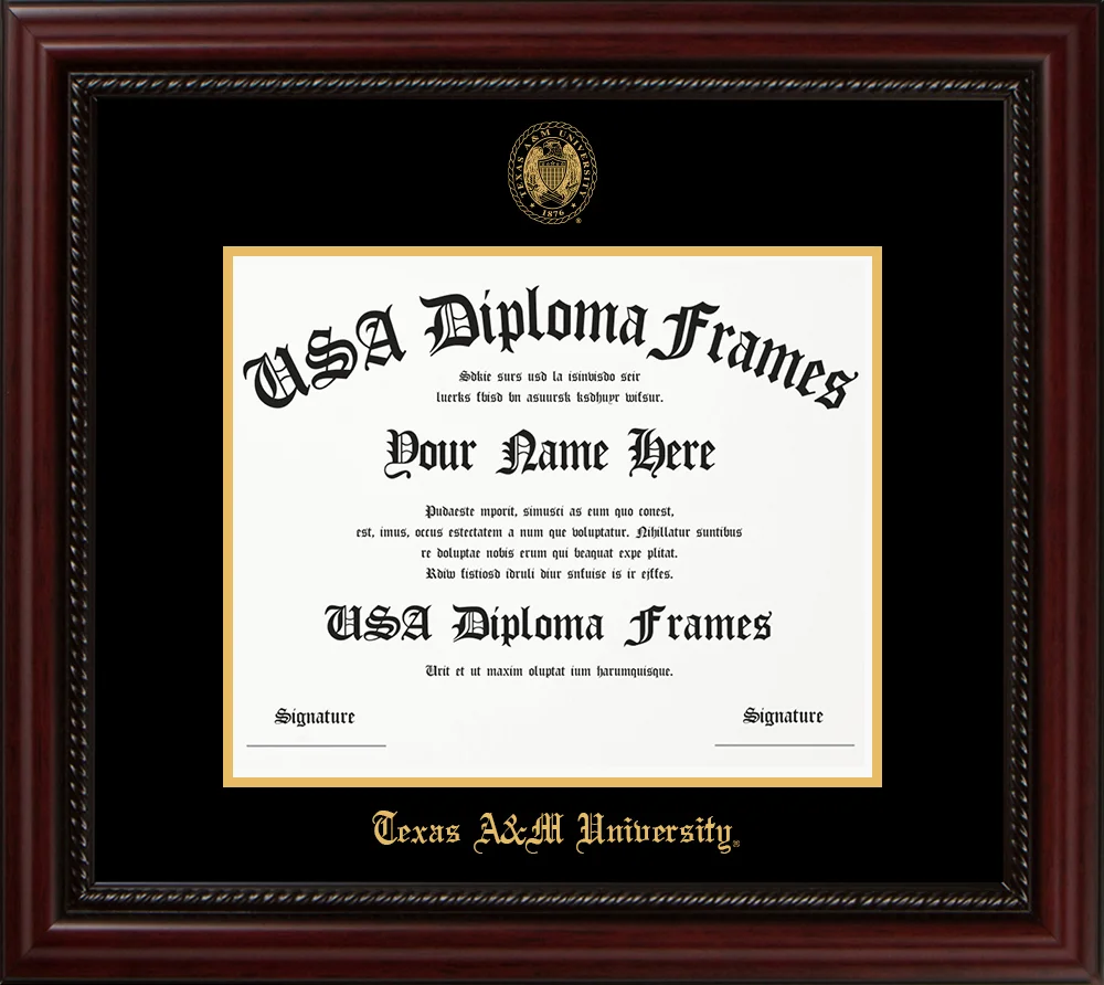 Single - Horizontal Document - Executive Cherry Rope Moulding - Black Mat - Metallic Gold Accent Mat - Gold Embossing Diploma Frame