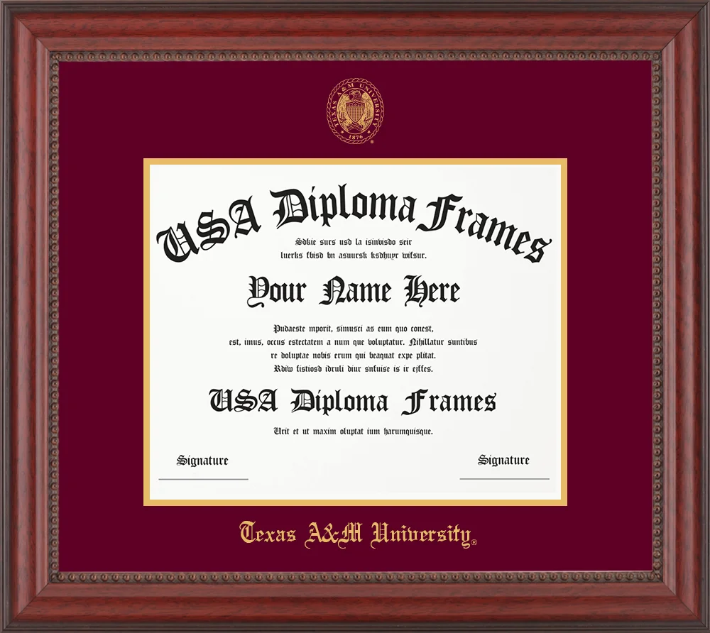 Single - Horizontal Document - Premium Cherry Beaded Moulding - Maroon Mat - Metallic Gold Accent Mat - Gold Embossing Diploma Frame