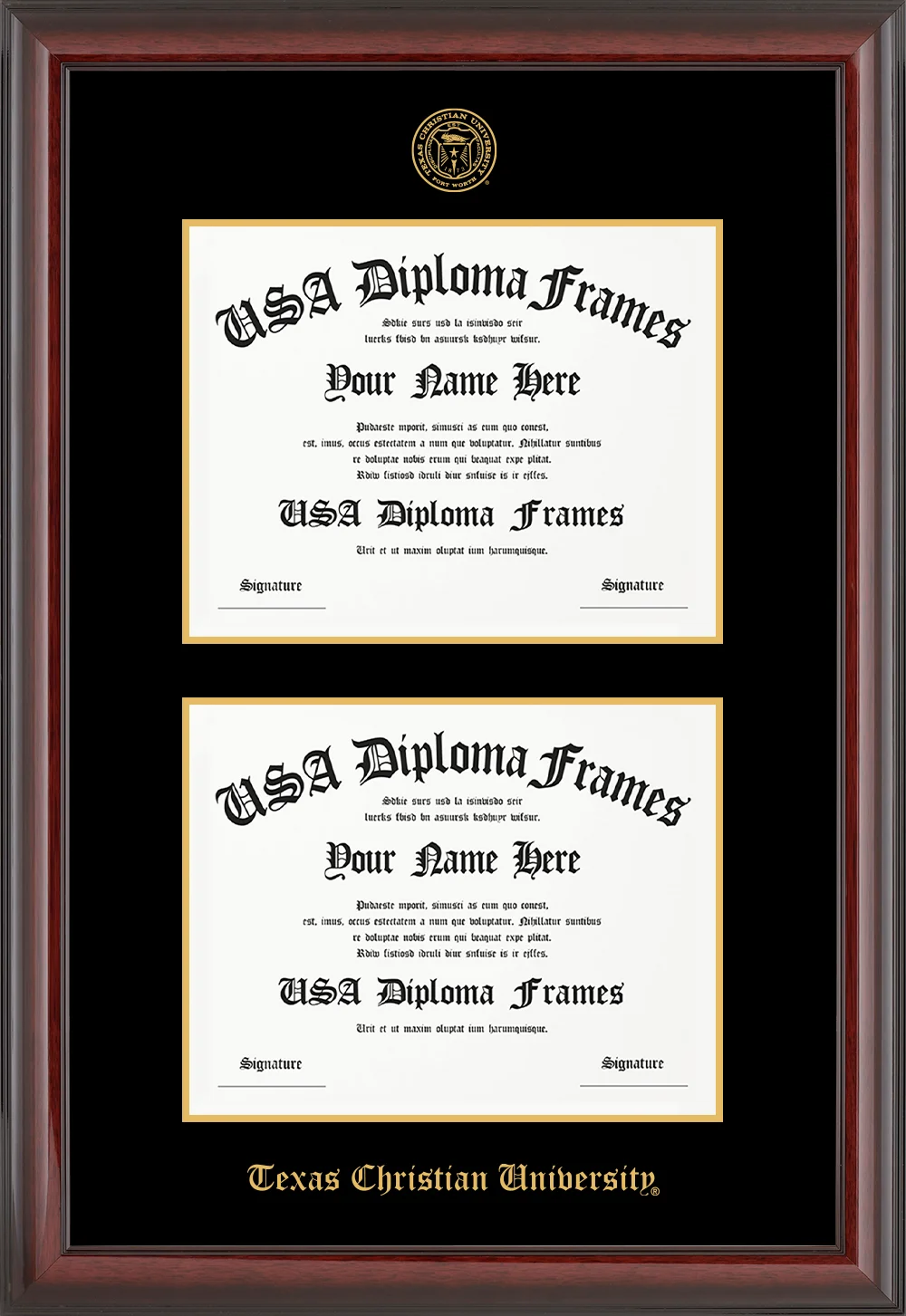 Double - Horizontal Documents - Cherry Mahogany Glossy Moulding - Black Mat - Gold Accent Mat - Gold Embossing Diploma Frame