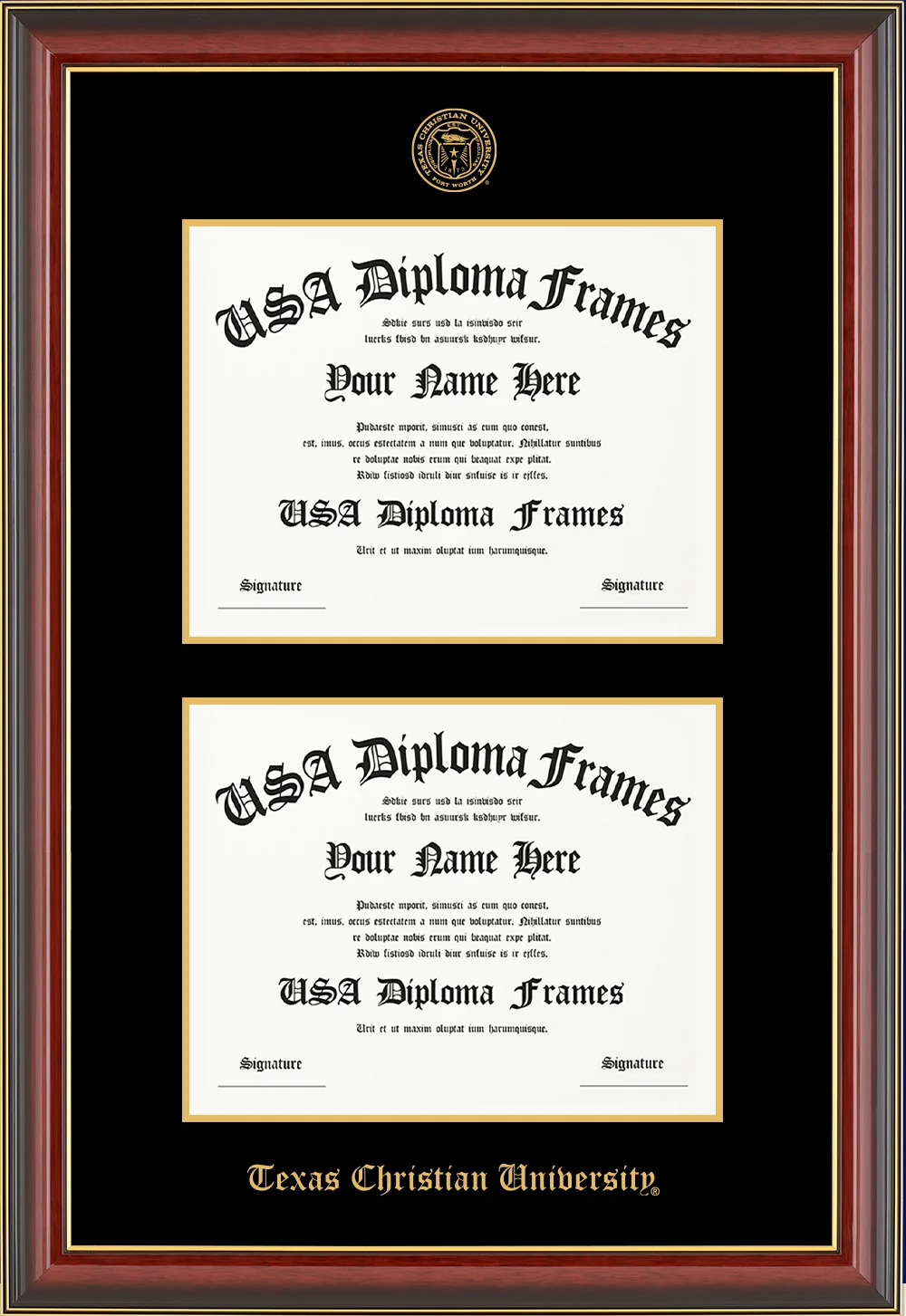 Double-Horizontal Documents - Cherry Mahogany Gold Trim Glossy Moulding - Black Mat - Gold Accent Mat - Gold Embossing Diploma Frame