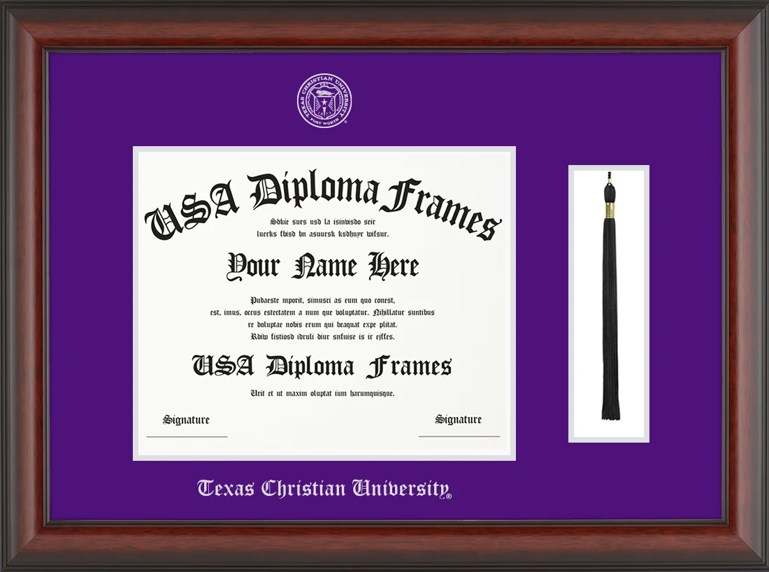 Single- Horizontal Document with Tassel - Cherry Mahogany Matte Moulding - Purple Mat - Silver Accent Mat - Silver Embossing Diploma Frame