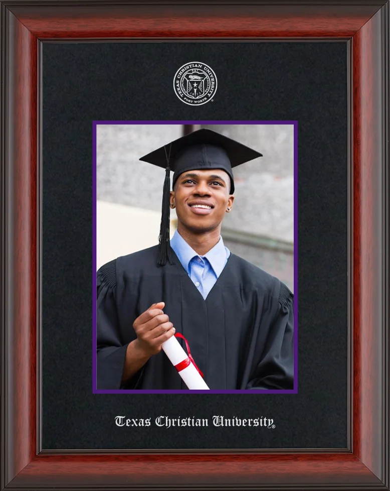 Single Picture Frame - Vertically - Cherry Mahogany Matte Moulding - Black Suede Mat - Purple Accent Mat - Silver Embossing Diploma Frame