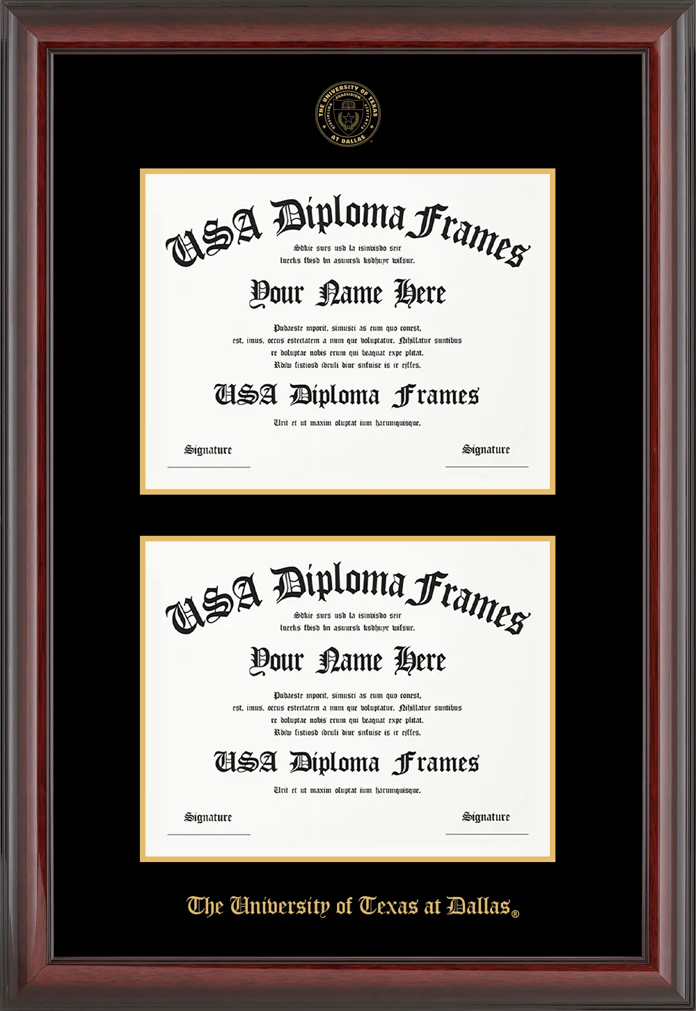 Double - Horizontal Documents - Cherry Mahogany Glossy Moulding - Black Mat - Gold Accent Mat - The University of Texas at Dallas Embossing Diploma Frame