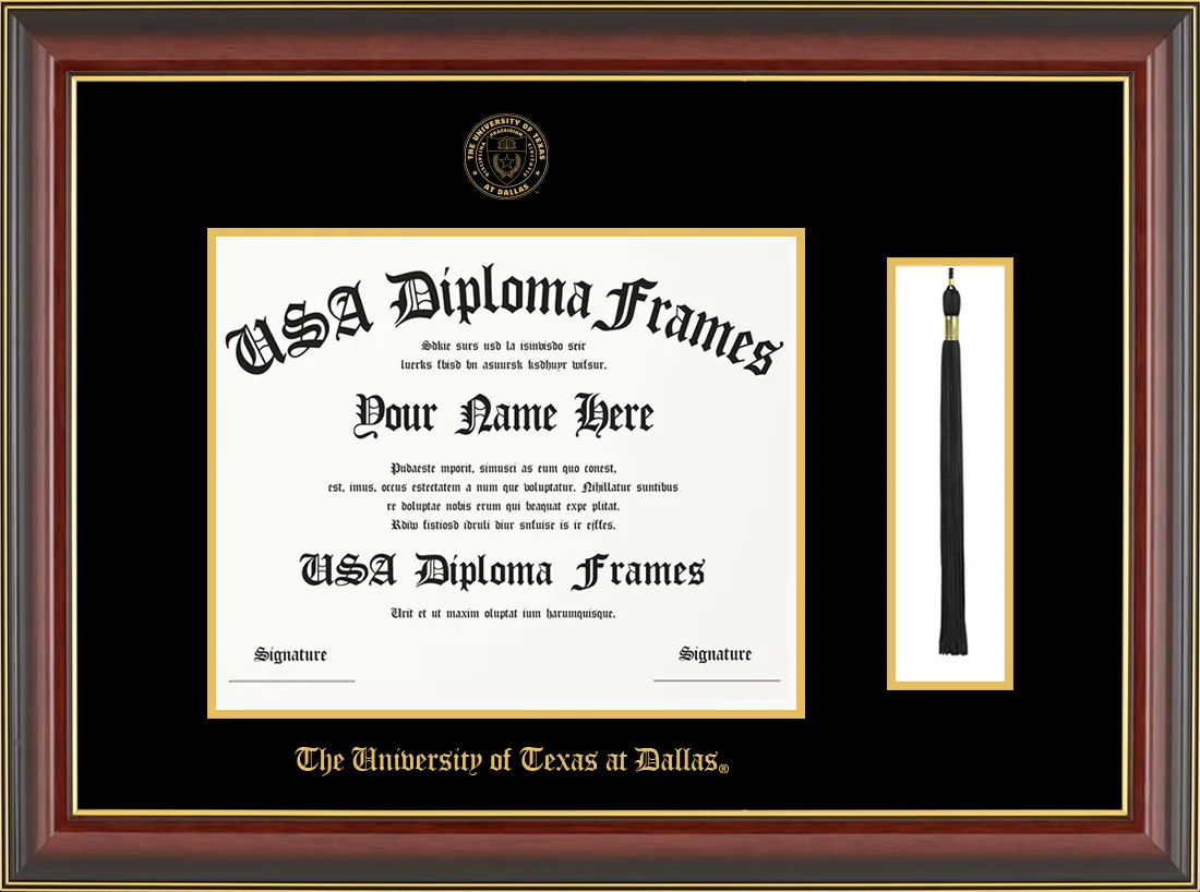 Single- Horizontal Document with Tassel - Cherry Mahogany Gold Trim Glossy Moulding - Black Mat - Gold Accent Mat - The University of Texas at Dallas Embossing Diploma Frame