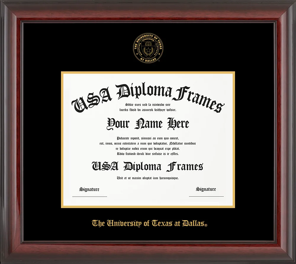 Single - Horizontal Document - Cherry Mahogany Glossy Moulding - Black Mat - Gold Accent Mat - The University of Texas at Dallas Embossing Diploma Frame