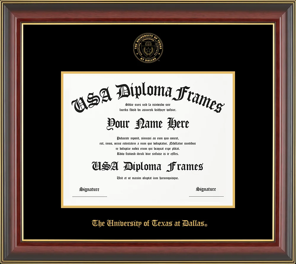 Single - Horizontal Document - Cherry Mahogany Gold Trim Glossy Moulding - Black Mat - Gold Accent Mat - The University of Texas at Dallas Embossing Diploma Frame