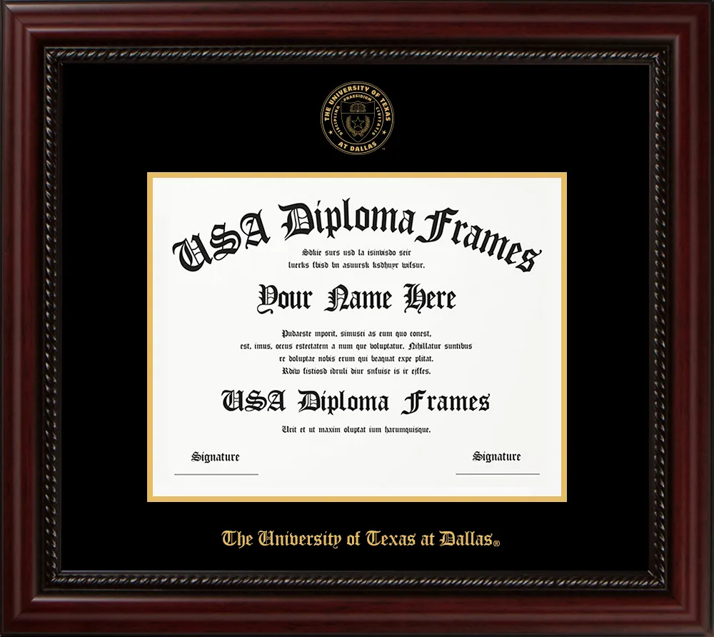 Single - Horizontal Document - Executive Cherry Rope Moulding - Black Mat - Gold Accent Mat - The University of Texas at Dallas Embossing Diploma Frame