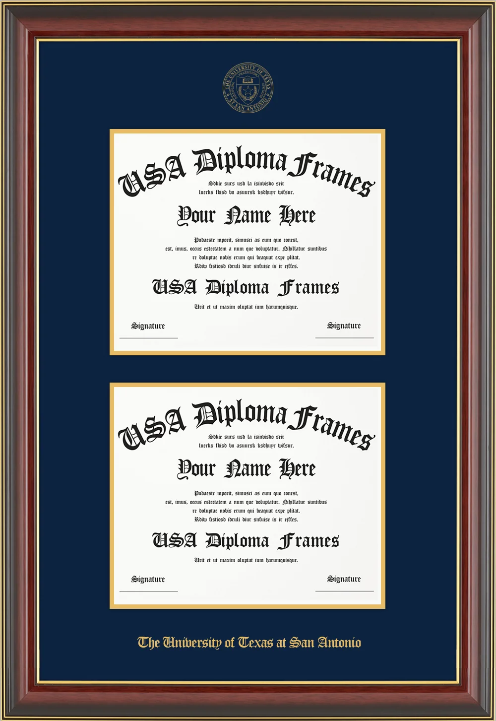 Double - Horizontal Documents - Cherry Mahogany Gold Trim Glossy Moulding - Navy Mat - Gold Accent Mat - Gold Embossing Diploma Frame