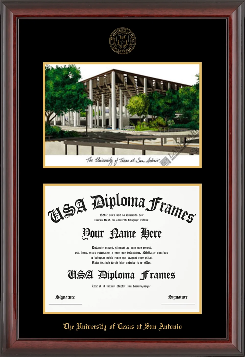 Single - Horizontal Document with Lithograph - Vertically - Cherry Mahogany Glossy Moulding - Black Mat - Gold Accent Mat Diploma Frame