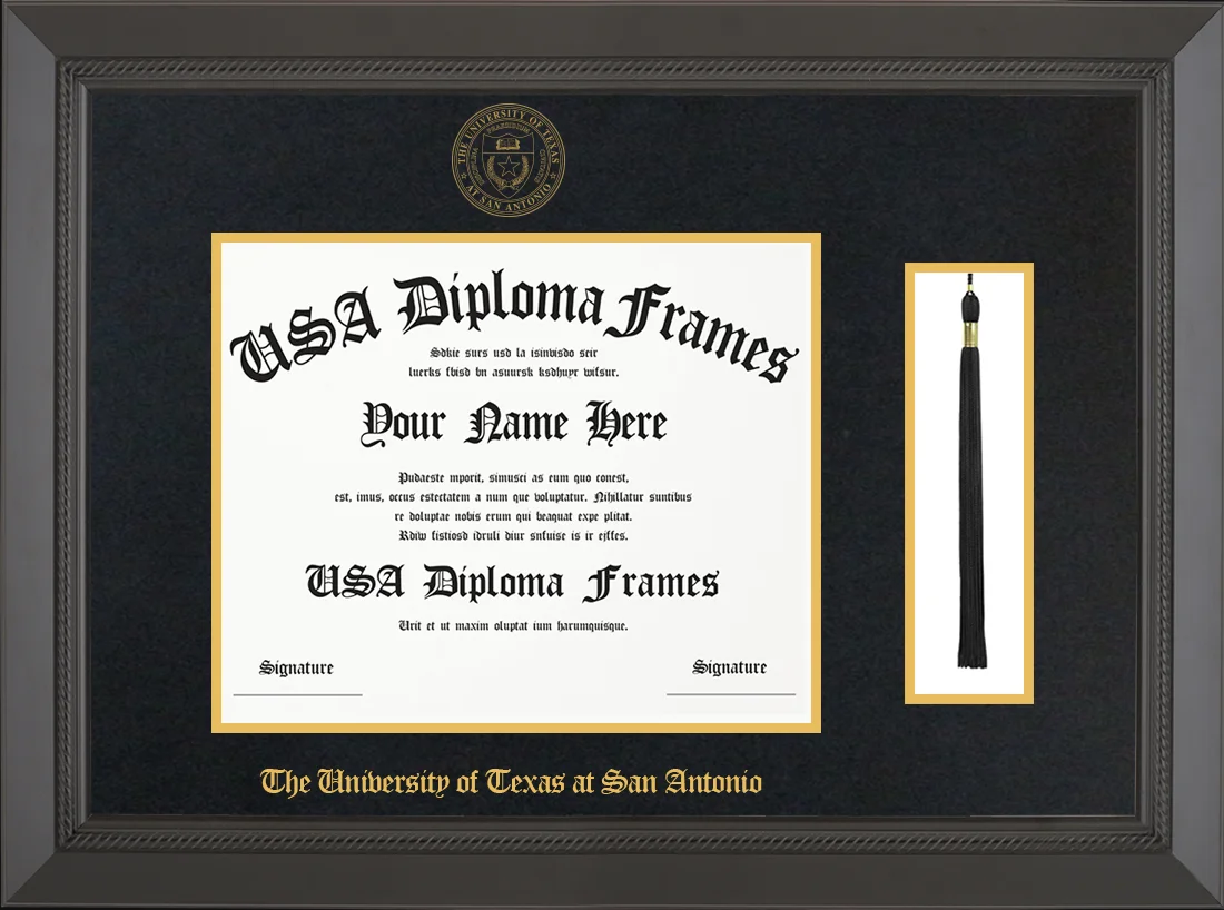 Single- Horizontal Document with Tassel - Black Rope Moulding - Black Suede Mat - Gold Accent Mat - Gold Embossing Diploma Frame