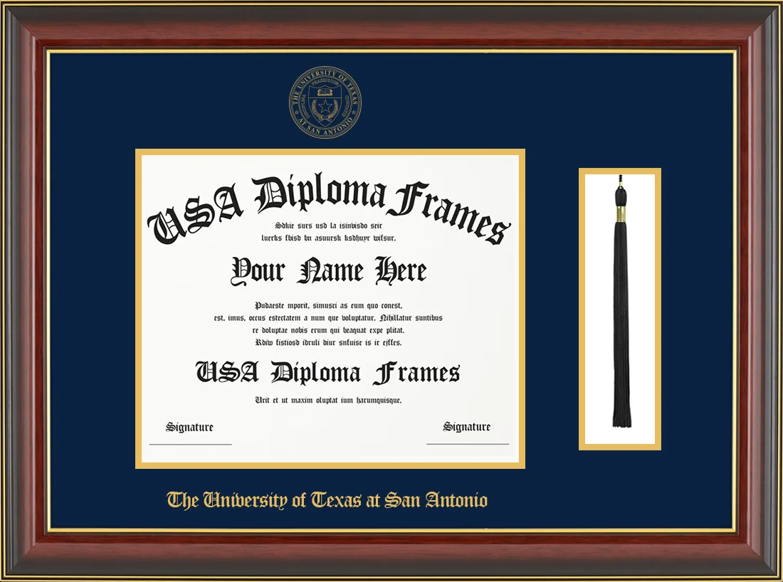 Single- Horizontal Document with Tassel - Cherry Mahogany Gold Trim Glossy Moulding - Navy Mat - Gold Accent Mat - Gold Embossing Diploma Frame