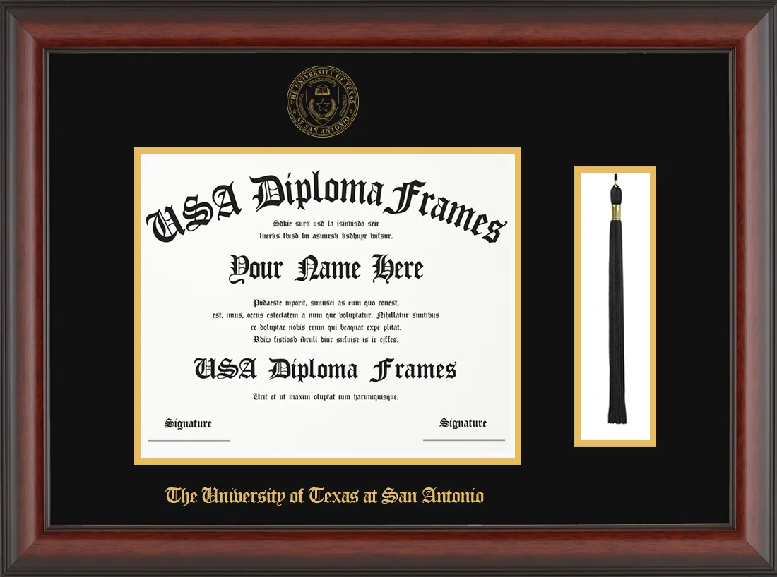 Single- Horizontal Document with Tassel - Cherry Mahogany Matte Moulding - Black Mat - Gold Accent Mat - Gold Embossing Diploma Frame