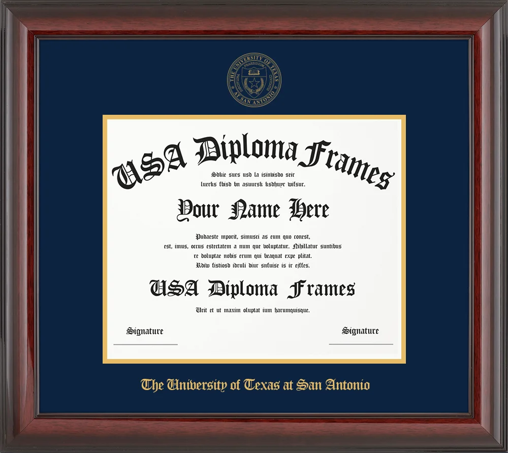 Single - Horizontal Document - Cherry Mahogany Glossy Moulding - Navy Mat - Gold Accent Mat - Gold Embossing Diploma Frame