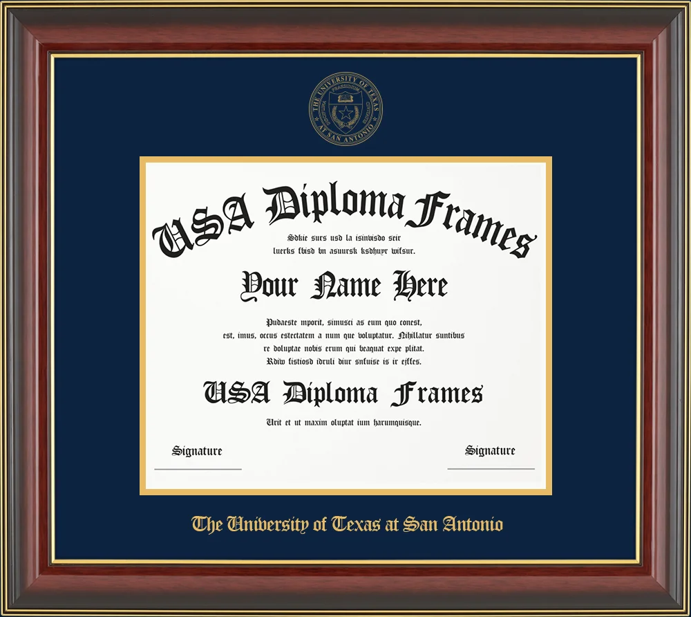 Single - Horizontal Document - Cherry Mahogany Gold Trim Glossy Moulding - Navy Mat - Gold Accent Mat - Gold Embossing Diploma Frame