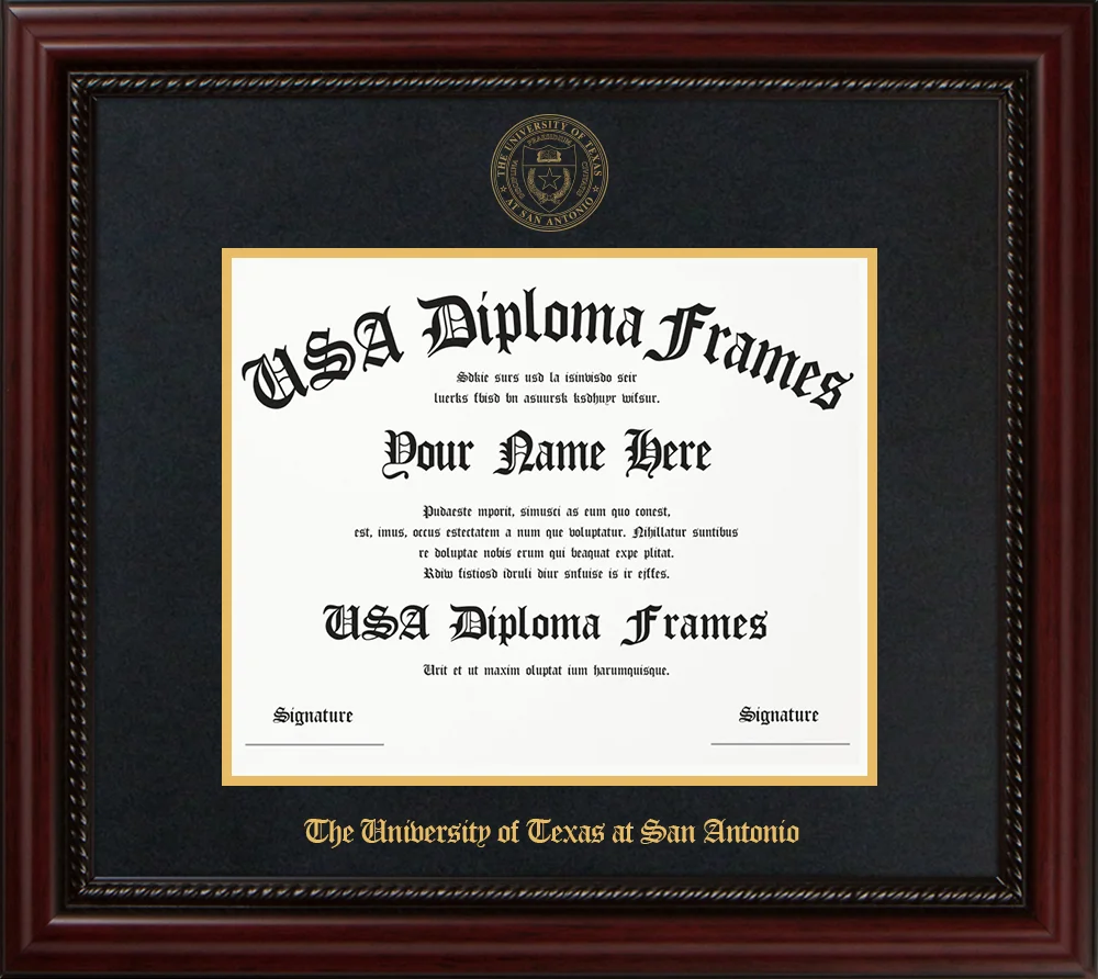 Single - Horizontal Document - Executive Cherry Rope Moulding - Black Suede Mat - Gold Accent Mat - Gold Embossing Diploma Frame