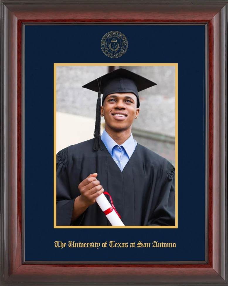Single Picture Frame - Vertically - Cherry Mahogany Glossy Moulding - Navy Suede Mat - Gold Accent Mat - Gold Embossing Diploma Frame