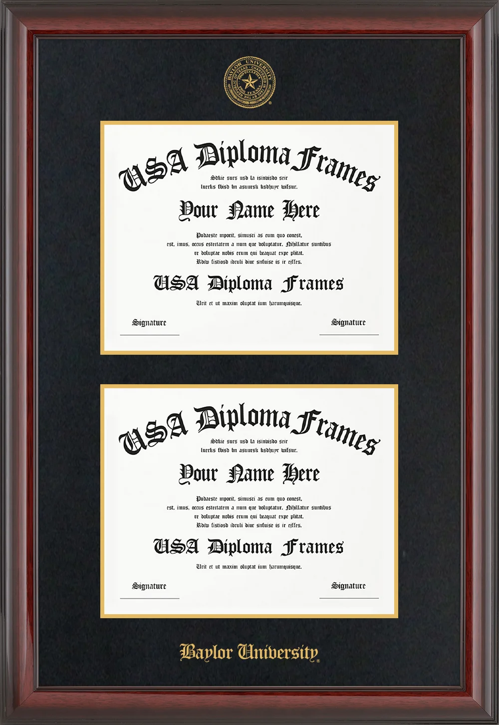 Double Document - Cherry Mahogany Glossy Moulding - Black Suede Mat - Gold Accent Mat - Baylor University Embossing Diploma Frame