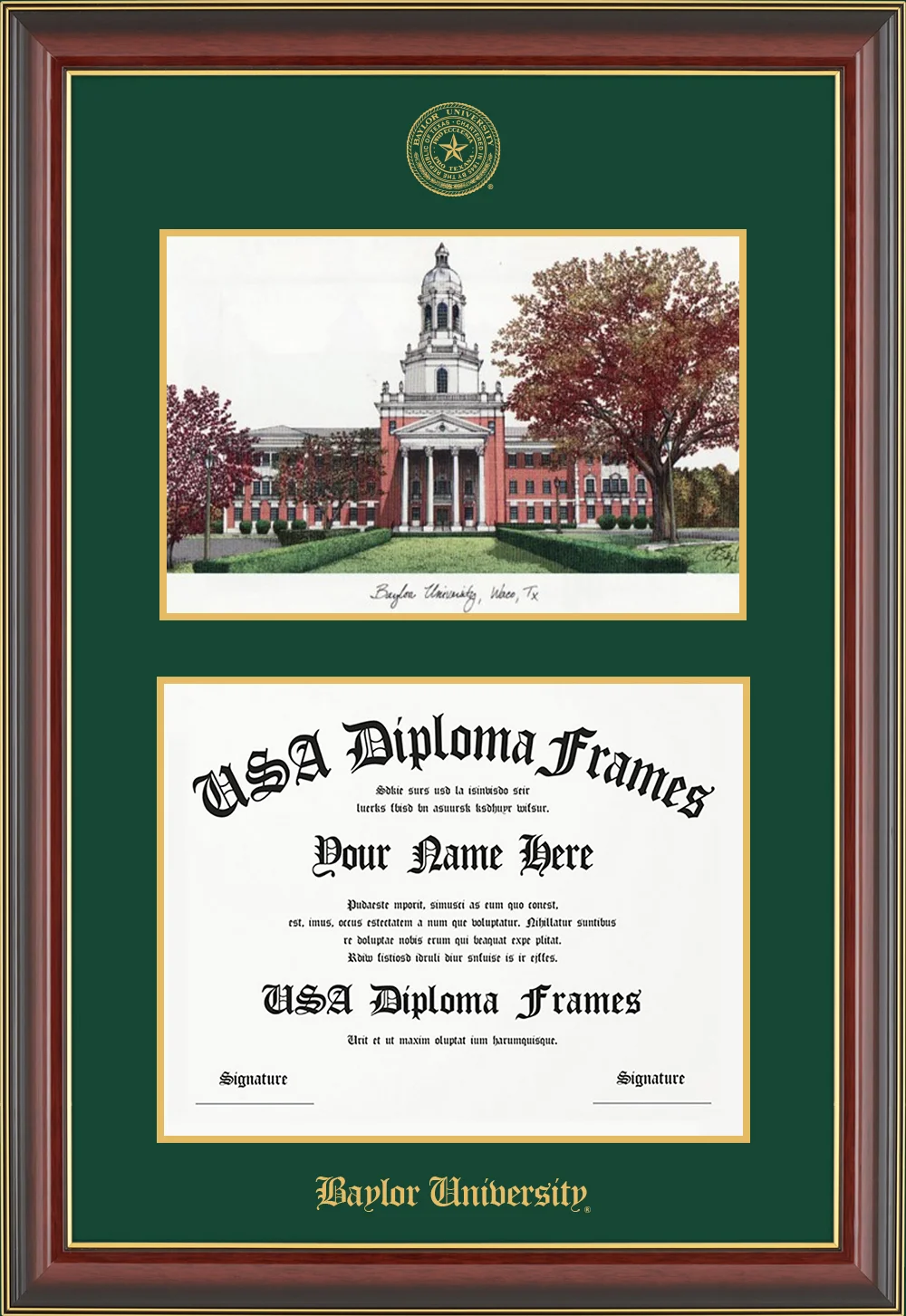 LIthograph - Cherry Mahogany Gold Trim Glossy Moulding - Green Mat - Gold Accent Mat - Baylor University Embossing Diploma Frame