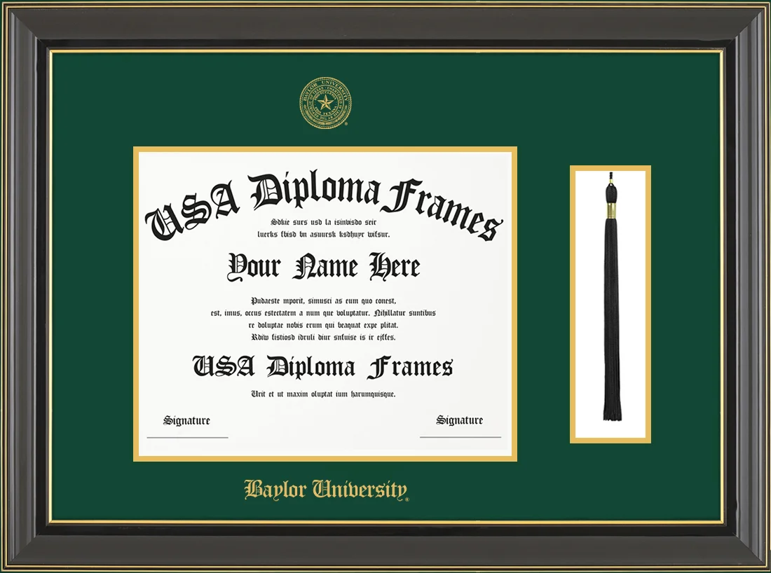 Single Tassel - Black Gold Trim Glossy Moulding - Green Mat - Gold Accent Mat - Baylor University Embossing Diploma Frame