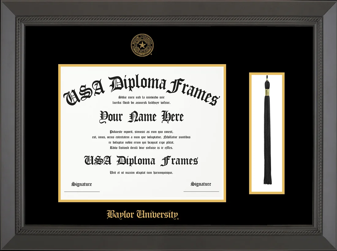 Single Tassel - Black Rope Moulding - Black Mat - Gold Accent Mat - Baylor University Embossing Diploma Frame