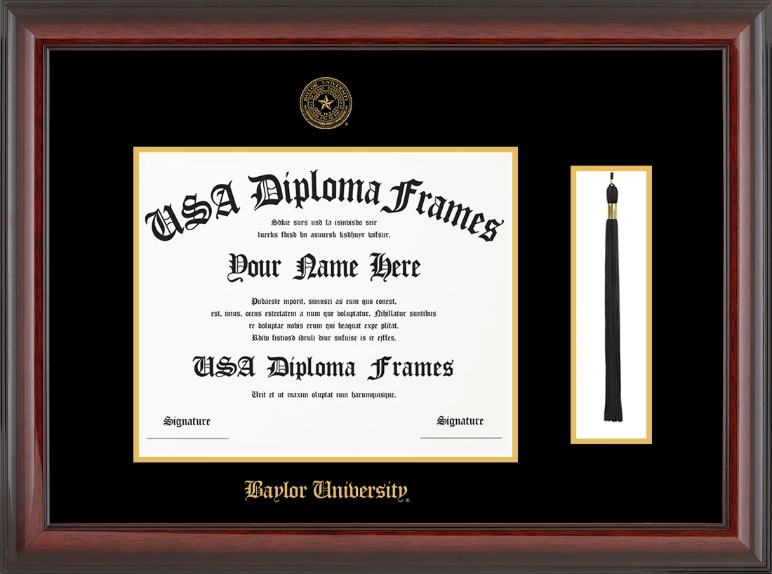 Single Tassel - Cherry Mahogany Glossy Moulding - Black Mat - Gold Accent Mat - Baylor University Embossing Diploma Frame