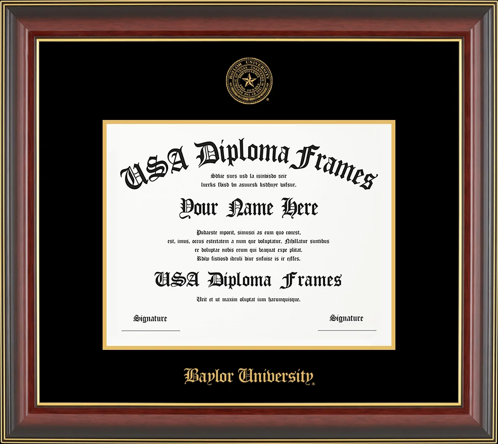 Single Horizontal - Cherry Mahogany Gold Trim Glossy Moulding - Black Mat - Gold Accent Mat - Baylor University Embossing Diploma Frame