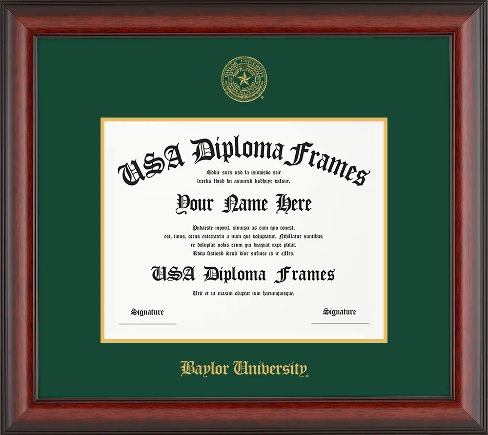 Single Horizontal - Cherry Mahogany Matte Moulding - Green Mat - Gold Accent Mat - Baylor University Embossing Diploma Frame