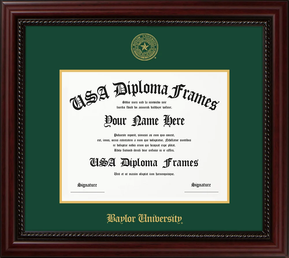 Single Horizontal - Executive Cherry Rope Moulding - Green Mat - Gold Accent Mat - Baylor University Embossing Diploma Frame