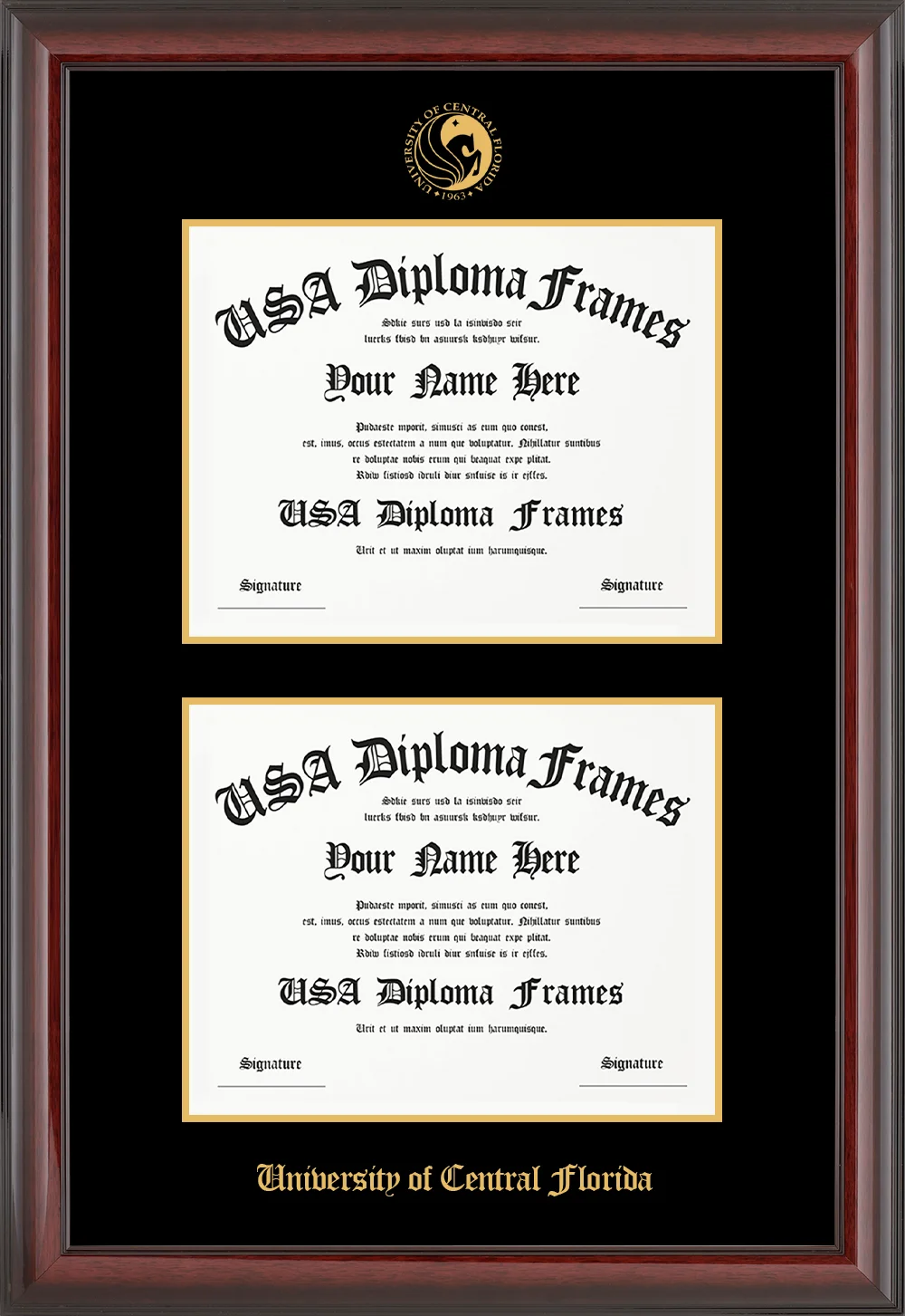 Double Documnet - Cherry Mahogany Glossy Moulding - Black Mat - Gold Accent Mat - University of Central Florida Embossing Diploma Frame