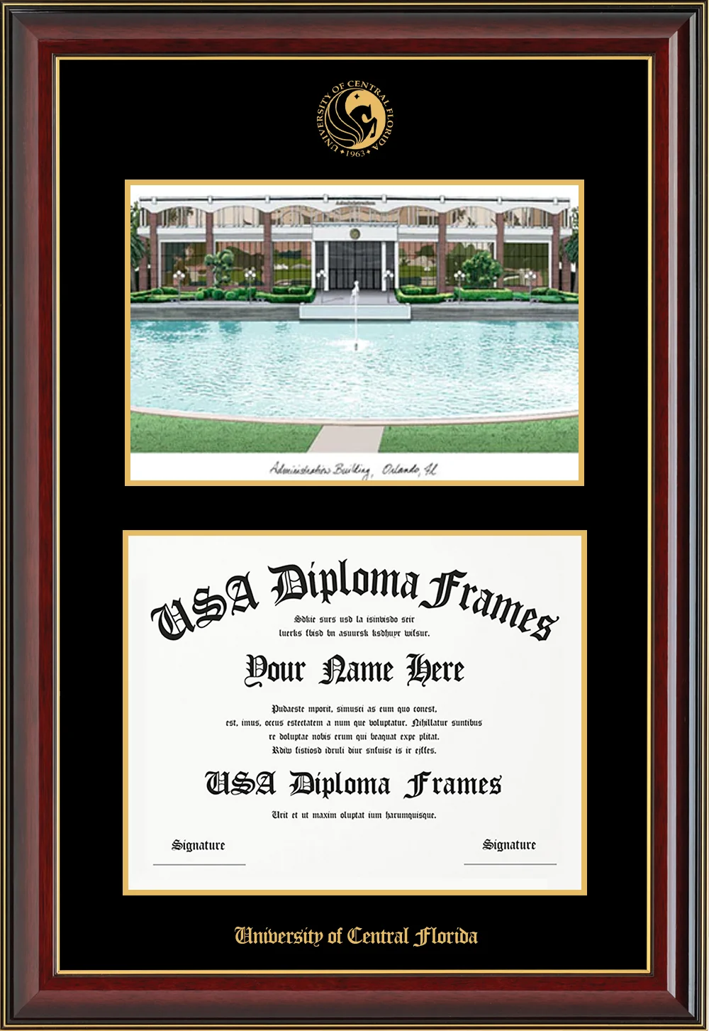 Lithograph - Cherry Mahogany Gold Trim Glossy Moulding - Black Mat - Gold Accent Mat - University of Central Florida Embossing Diploma Frame