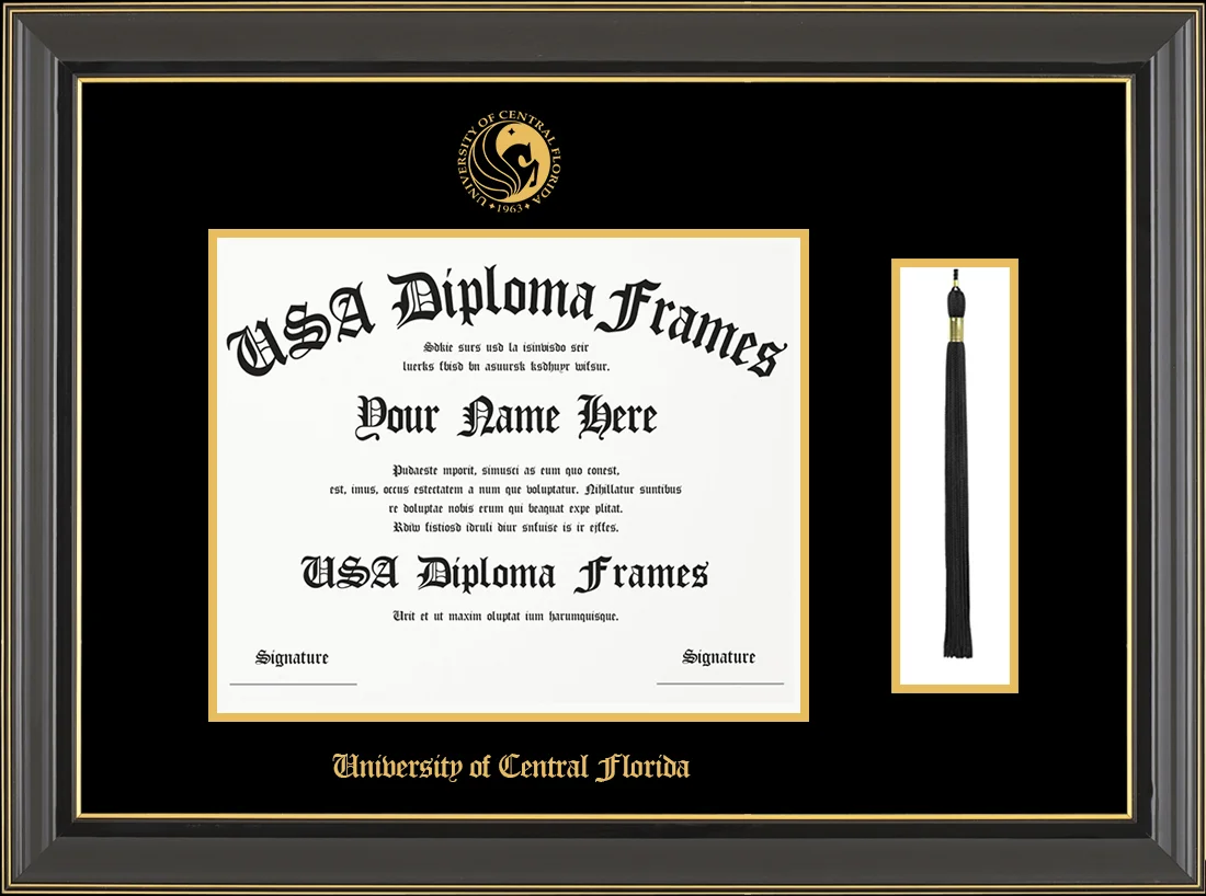 Single Tassel - Black Gold Trim Glossy Moulding - Black Mat - Gold Accent Mat - University of Central Florida Embossing Diploma Frame