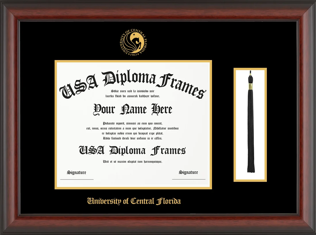 Single Tassel - Cherry Mahogany Matte Moulding - Black Mat - Gold Accent Mat - University of Central Florida Embossing Diploma Frame