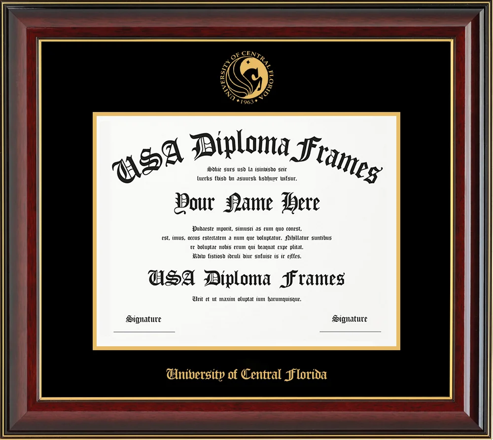 Single Horizontal - Cherry Mahogany Gold Trim Glossy Moulding - Black Mat - Gold Accent Mat - University of Central Florida Embossing Diploma Frame