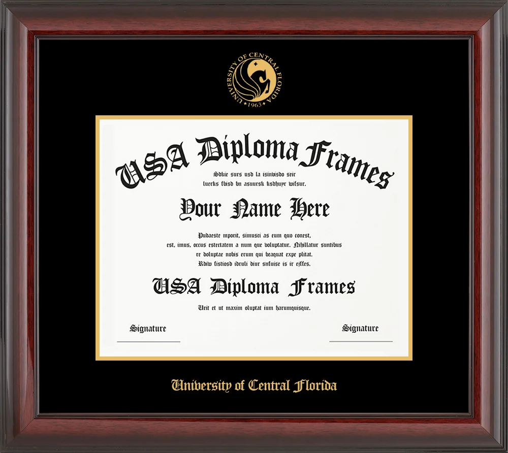 Single Horizontal - Cherry Mahogany Glossy Moulding - Black Mat - Gold Accent Mat - University of Central Florida Embossing Diploma Frame