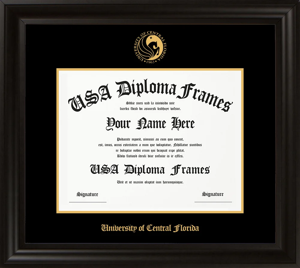 Single Horizontal - Executive Black Moulding - Black Mat - Gold Accent Mat - University of Central Florida Embossing Diploma Frame