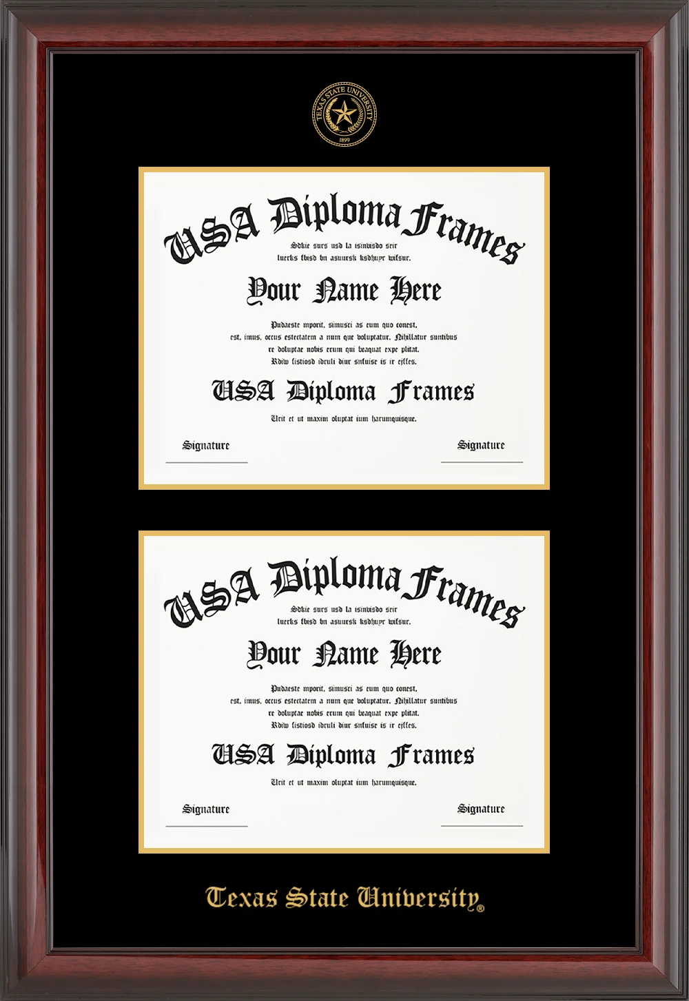 Double Document  - Cherry Mahogany Glossy Moulding - Black Mat - Gold Accent Mat - Texas State University Embossing Diploma Frame
