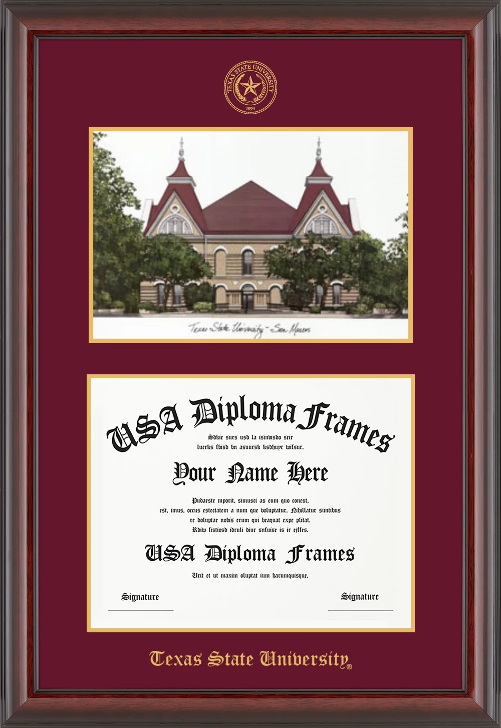 Lithograph - Cherry Mahogany Glossy Moulding - Maroon Mat - Gold Accent Mat - Texas State University Embossing Diploma Frame